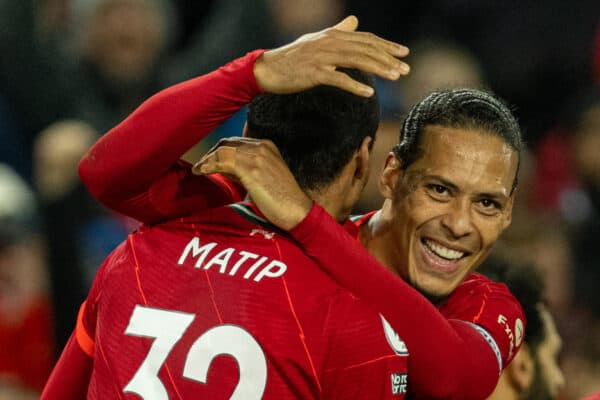 LIVERPOOL, ENGLAND - Wednesday, February 23, 2022: Liverpool's Joel Matip (L) celebrates with team-mate Virgil van Dijk (R) after scoring the second goal during the FA Premier League match between Liverpool FC and Leeds United FC at Anfield. Liverpool won 6-0. (Pic by David Rawcliffe/Propaganda)