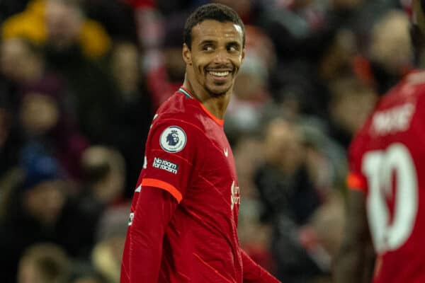 LIVERPOOL, ENGLAND - Wednesday, February 23, 2022: Liverpool's Joel Matip (R) celebrates after scoring the second goal during the FA Premier League match between Liverpool FC and Leeds United FC at Anfield. Liverpool won 6-0. (Pic by David Rawcliffe/Propaganda)