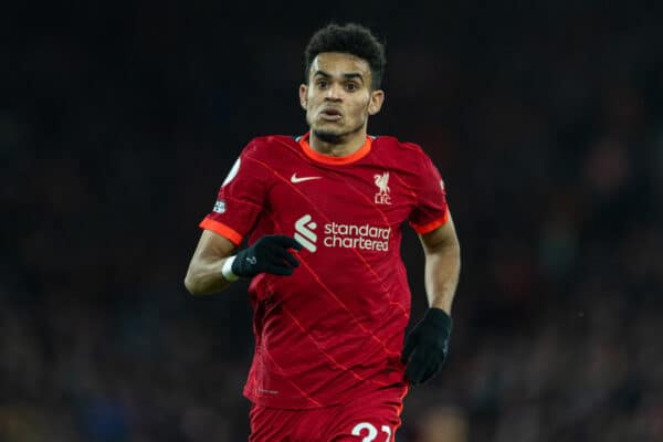 LIVERPOOL, ENGLAND - Wednesday, February 23, 2022: Liverpool's Luis Díaz during the FA Premier League match between Liverpool FC and Leeds United FC at Anfield. Liverpool won 6-0. (Pic by David Rawcliffe/Propaganda)