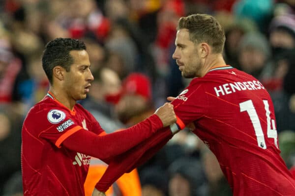 LIVERPOOL, ENGLAND - Wednesday, February 23, 2022: Liverpool's Thiago Alcantara hands the captain's armband to Jordan Henderson during the FA Premier League match between Liverpool FC and Leeds United FC at Anfield. Liverpool won 6-0. (Pic by David Rawcliffe/Propaganda)