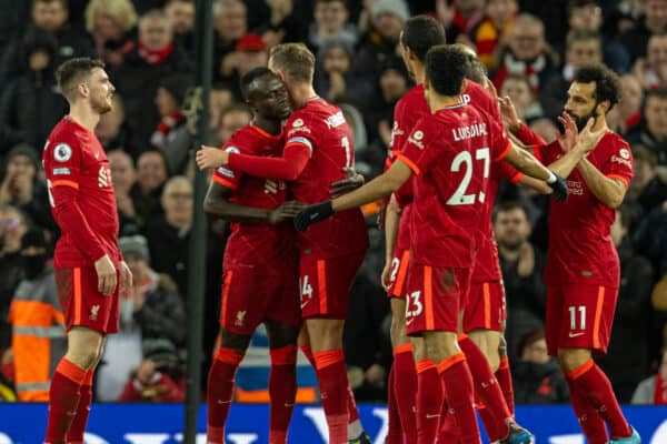 LIVERPOOL, ENGLAND - Wednesday, February 23, 2022: Liverpool's Sadio Mané celebrates after scoring the fourth goal during the FA Premier League match between Liverpool FC and Leeds United FC at Anfield. Liverpool won 6-0. (Pic by David Rawcliffe/Propaganda)