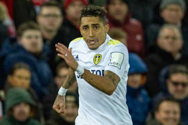 LIVERPOOL, ENGLAND - Wednesday, February 23, 2022: Leeds United's Raphael Dias Belloli 'Raphinha' during the FA Premier League match between Liverpool FC and Leeds United FC at Anfield. Liverpool won 6-0. (Pic by David Rawcliffe/Propaganda)