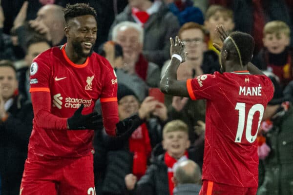 LIVERPOOL, ENGLAND - Wednesday, February 23, 2022: Liverpool's Sadio Mané (R) celebrates with team-mate Divock Origi after scoring the fifth goal during the FA Premier League match between Liverpool FC and Leeds United FC at Anfield. Liverpool won 6-0. (Pic by David Rawcliffe/Propaganda)