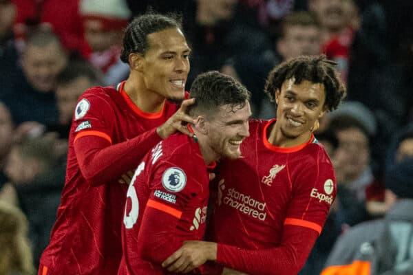 LIVERPOOL, ENGLAND - Wednesday, February 23, 2022: Liverpool's Virgil van Dijk (L) celebrates with team-mates Andy Robertson (C) and Trent Alexander-Arnold (R) after scoring the sixth goal during the FA Premier League match between Liverpool FC and Leeds United FC at Anfield. Liverpool won 6-0. (Pic by David Rawcliffe/Propaganda)