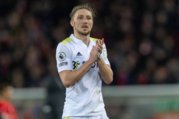 LIVERPOOL, ENGLAND - Wednesday, February 23, 2022: Leeds United's Luke Ayling looks dejected after the FA Premier League match between Liverpool FC and Leeds United FC at Anfield. Liverpool won 6-0. (Pic by David Rawcliffe/Propaganda)