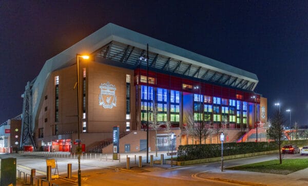 LIVERPOOL, ENGLAND - Saturday, February 26, 2022: The colours of the Ukrainian flag are illuminated in the windows of Anfield, home of Liverpool Football Club, as the club shows its solidarity and support to Ukraine which has been invaded by Vladimir Putin's Russian army. (Pic by David Rawcliffe/Propaganda)