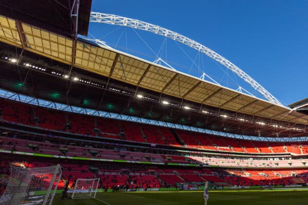 LONDON, ENGLAND - Sunday, February 27, 2022: A general view of Wembley Stadium and the arch pictured before the Football League Cup Final match between Chelsea FC and Liverpool FC. (Pic by David Rawcliffe/Propaganda)