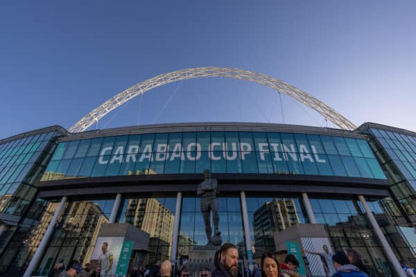 LONDON, ENGLAND - Sunday, February 27, 2022: The Bobby Moore statue and Wembley arch seen before the Football League Cup Final match between Chelsea FC and Liverpool FC at Wembley Stadium. Liverpool won 11-10 on penalties after a goal-less draw. (Pic by David Rawcliffe/Propaganda)