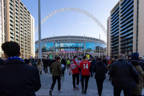 LONDON, ENGLAND - Sunday, February 27, 2022: Supporters walk up Wembley Way before the Football League Cup Final match between Chelsea FC and Liverpool FC at Wembley Stadium. Liverpool won 11-10 on penalties after a goal-less draw. (Pic by David Rawcliffe/Propaganda)