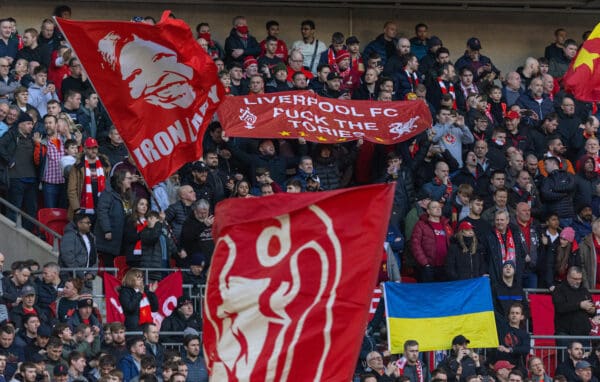 LONDON, ENGLAND - Sunday, February 27, 2022: Liverpool supporters' banner "Fuck The Tories" and a flag featuring Anne Williams "Iron Lady" during the Football League Cup Final match between Chelsea FC and Liverpool FC at Wembley Stadium. Liverpool won 11-10 on penalties after a goal-less draw. (Pic by David Rawcliffe/Propaganda)