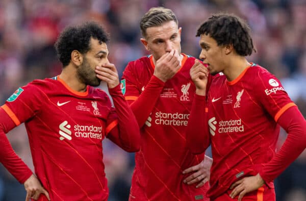 LONDON, ENGLAND - Sunday, February 27, 2022: Liverpool's Mohamed Salah, captain Jordan Henderson and Trent Alexander-Arnold discuss a free-kick during the Football League Cup Final match between Chelsea FC and Liverpool FC at Wembley Stadium. Liverpool won 11-10 on penalties after a goal-less draw. (Pic by David Rawcliffe/Propaganda)