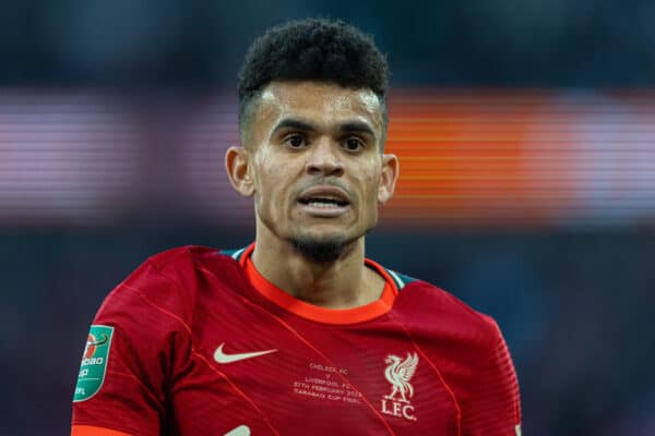 LONDON, ENGLAND - Sunday, February 27, 2022: Liverpool's Luis Díaz during the Football League Cup Final match between Chelsea FC and Liverpool FC at Wembley Stadium. Liverpool won 11-10 on penalties after a goal-less draw. (Pic by David Rawcliffe/Propaganda)