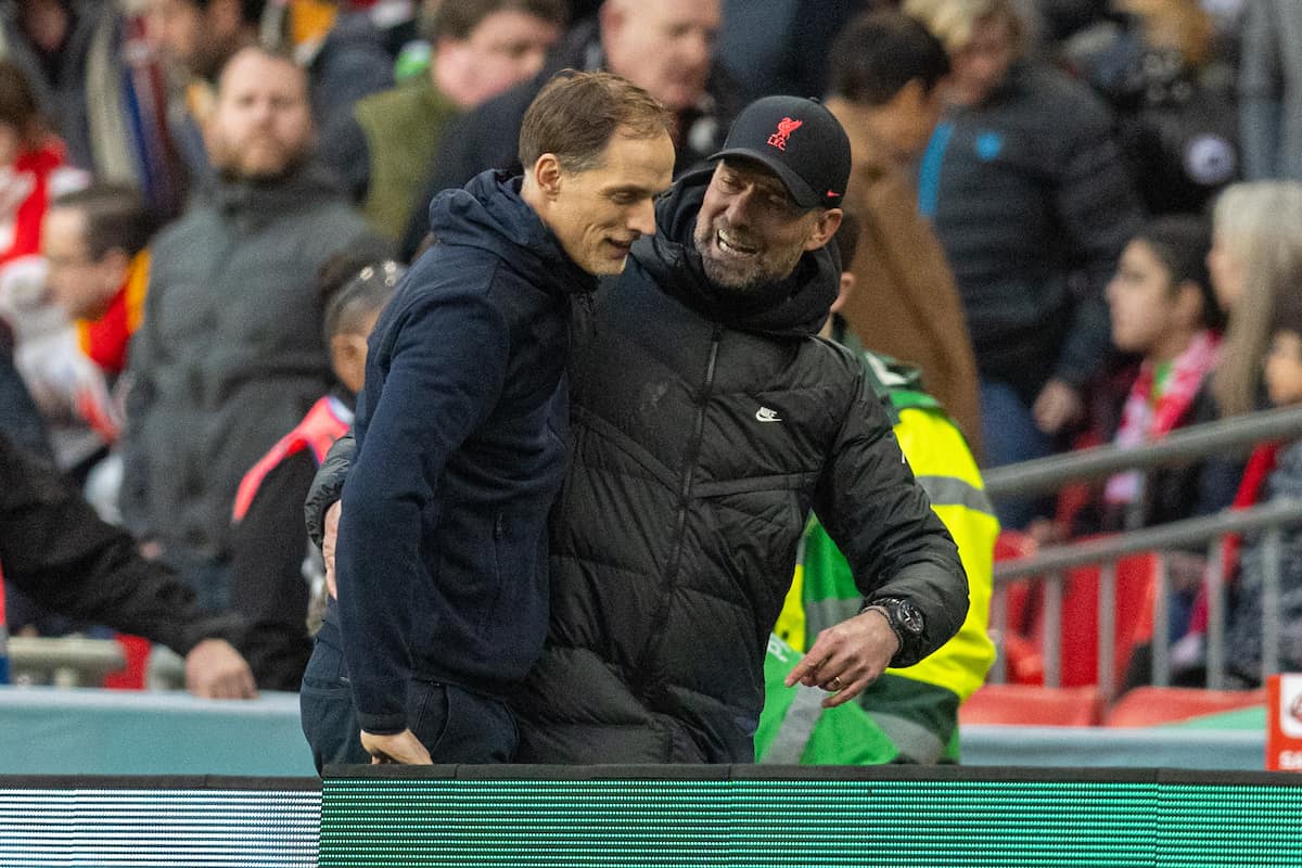 LONDON, ENGLAND - Sunday, February 27, 2022: Liverpool's manager Jürgen Klopp (R) chats with Chelsea's manager Thomas Tuchel at the half-time whistle during the Football League Cup Final match between Chelsea FC and Liverpool FC at Wembley Stadium. Liverpool won 11-10 on penalties after a goal-less draw. (Pic by David Rawcliffe/Propaganda)
