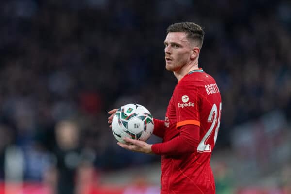 LONDON, ENGLAND - Sunday, February 27, 2022: Liverpool's Andy Robertson takes a throw-in during the Football League Cup Final match between Chelsea FC and Liverpool FC at Wembley Stadium. Liverpool won 11-10 on penalties after a goal-less draw. (Pic by David Rawcliffe/Propaganda)