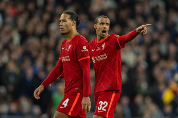 LONDON, ENGLAND - Sunday, February 27, 2022: Liverpool's Joel Matip (R) and Virgil van Dijk during the Football League Cup Final match between Chelsea FC and Liverpool FC at Wembley Stadium. Liverpool won 11-10 on penalties after a goal-less draw. (Pic by David Rawcliffe/Propaganda)