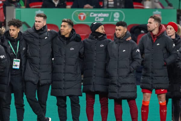 LONDON, ENGLAND - Sunday, February 27, 2022: Liverpool players look on during the penalty shoot-out after the Football League Cup Final match between Chelsea FC and Liverpool FC at Wembley Stadium. Liverpool won 11-10 on penalties after a goal-less draw. Roberto Firmino, Thiago Alcantara, Alex Oxlade-Chamberlain, captain Jordan Henderson. (Pic by David Rawcliffe/Propaganda)