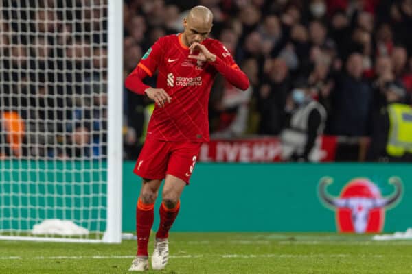 LONDON, ENGLAND - Sunday, February 27, 2022: Liverpool's Fabio Henrique Tavares 'Fabinho' celebrates after scoring his side's second penalty during the shoot-out after the Football League Cup Final match between Chelsea FC and Liverpool FC at Wembley Stadium. Liverpool won 11-10 on penalties after a goal-less draw. (Pic by David Rawcliffe/Propaganda)