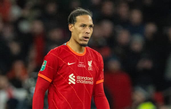 LONDON, ENGLAND - Sunday, February 27, 2022: Liverpool's Virgil van Dijk reacts after scoring his side's third penalty during the shoot-out after the Football League Cup Final match between Chelsea FC and Liverpool FC at Wembley Stadium. Liverpool won 11-10 on penalties after a goal-less draw. (Pic by David Rawcliffe/Propaganda)