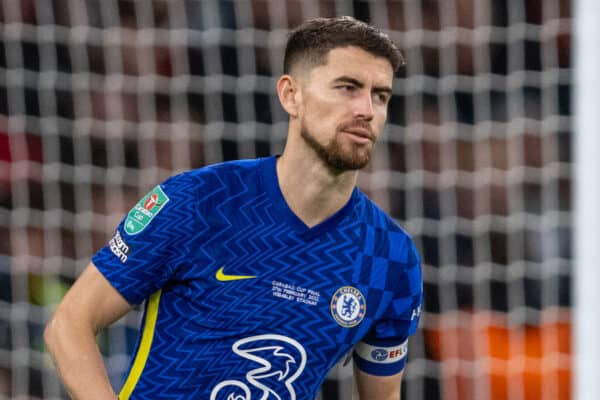 LONDON, ENGLAND - Sunday, February 27, 2022: Chelsea's Jorge Luiz Frello Filho 'Jorginho' attempts to shush the fervent Liverpool supporters after he scored his side's fifth penalty during the shoot-out after the Football League Cup Final match between Chelsea FC and Liverpool FC at Wembley Stadium. Liverpool won 11-10 on penalties after a goal-less draw. (Pic by David Rawcliffe/Propaganda)