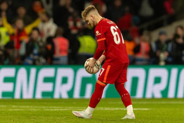 LONDON, ENGLAND - Sunday, February 27, 2022: Liverpool's Harvey Elliott places the ball to take his side's ninth penalty during the shoot-out after the Football League Cup Final match between Chelsea FC and Liverpool FC at Wembley Stadium. Liverpool won 11-10 on penalties after a goal-less draw. (Pic by David Rawcliffe/Propaganda)