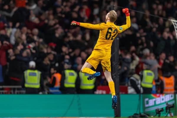 LONDON, ENGLAND - Sunday, February 27, 2022: Liverpool's goalkeeper Caoimhin Kelleher celebrates as Chelsea's goalkeeper Kepa Arrizabalaga misses his side's eleventh and last penalty kick of the shoot out during the Football League Cup Final match between Chelsea FC and Liverpool FC at Wembley Stadium. Liverpool won 11-10 on penalties after a goal-less draw. (Pic by David Rawcliffe/Propaganda)