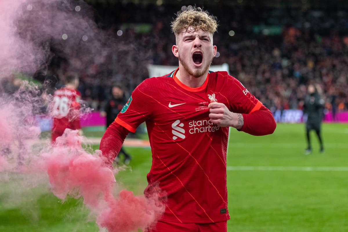 LONDON, ENGLAND - Sunday, February 27, 2022: Liverpool's Harvey Elliott celebrates with a smoke bomb after the Football League Cup Final match between Chelsea FC and Liverpool FC at Wembley Stadium. Liverpool won 11-10 on penalties after a goal-less draw. (Pic by David Rawcliffe/Propaganda)