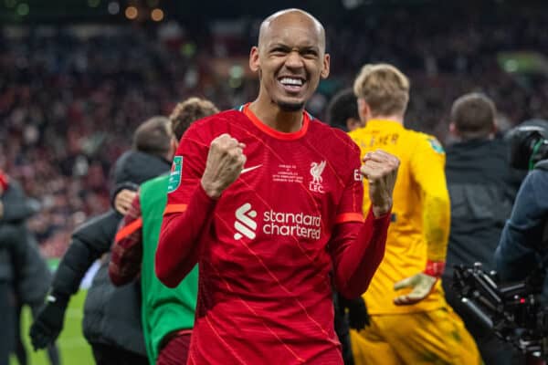 LONDON, ENGLAND - Sunday, February 27, 2022: Liverpool's Fabio Henrique Tavares 'Fabinho' celebrates after the Football League Cup Final match between Chelsea FC and Liverpool FC at Wembley Stadium. Liverpool won 11-10 on penalties after a goal-less draw. (Pic by David Rawcliffe/Propaganda)