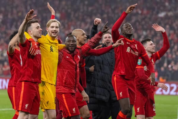 LONDON, ENGLAND - Sunday, February 27, 2022: Liverpool players dance as they celebrate after the Football League Cup Final match between Chelsea FC and Liverpool FC at Wembley Stadium. Liverpool won 11-10 on penalties after a goal-less draw. Diogo Jota, goalkeeper Caoimhin Kelleher, Naby Keita, Fabio Henrique Tavares 'Fabinho', Ibrahima Konaté, Andy Robertson. (Pic by David Rawcliffe/Propaganda)