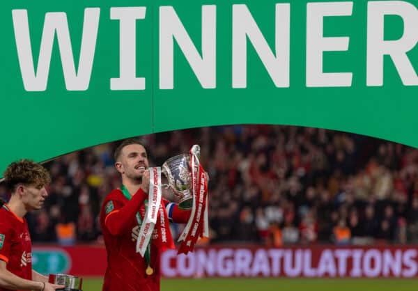 Jordan Henderson WINNER League Cup Trophy, Wembley 2022 (Pic by David Rawcliffe/Propaganda)