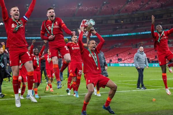 LONDON, ENGLAND - Sunday, February 27, 2022: Liverpool's Joel Matip celebrates with the trophy after the Football League Cup Final match between Chelsea FC and Liverpool FC at Wembley Stadium. Liverpool won 11-10 on penalties after a goal-less draw. (Pic by David Rawcliffe/Propaganda)