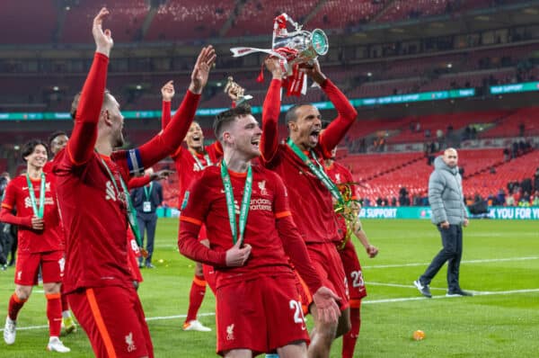 LONDON, ENGLAND - Sunday, February 27, 2022: Liverpool's Joel Matip celebrates with the trophy after the Football League Cup Final match between Chelsea FC and Liverpool FC at Wembley Stadium. Liverpool won 11-10 on penalties after a goal-less draw. (Pic by David Rawcliffe/Propaganda)