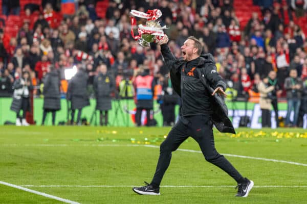 LONDON, ENGLAND - Sunday, February 27, 2022: Liverpool's first-team development coach Pepijn Lijnders celebrates with the trophy after the Football League Cup Final match between Chelsea FC and Liverpool FC at Wembley Stadium. Liverpool won 11-10 on penalties after a goal-less draw. (Pic by David Rawcliffe/Propaganda)