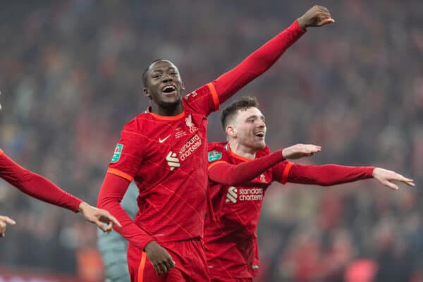 LONDON, ENGLAND - Sunday, February 27, 2022: Liverpool's Ibrahima Konaté (L) and Andy Robertson dance as they celebrate after the Football League Cup Final match between Chelsea FC and Liverpool FC at Wembley Stadium. Liverpool won 11-10 on penalties after a goal-less draw. (Pic by David Rawcliffe/Propaganda)