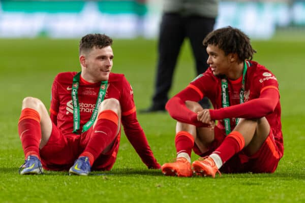 LONDON, ENGLAND - Sunday, February 27, 2022: Liverpool's Andy Robertson (L) and Trent Alexander-Arnold after the Football League Cup Final match between Chelsea FC and Liverpool FC at Wembley Stadium. Liverpool won 11-10 on penalties after a goal-less draw. (Pic by David Rawcliffe/Propaganda)