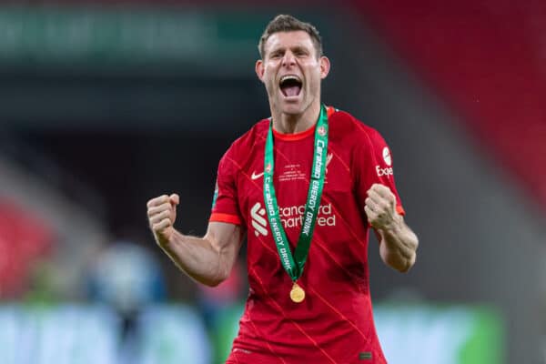 LONDON, ENGLAND - Sunday, February 27, 2022: Liverpool's James Milner celebrates after the Football League Cup Final match between Chelsea FC and Liverpool FC at Wembley Stadium. Liverpool won 11-10 on penalties after a goal-less draw. (Pic by David Rawcliffe/Propaganda)