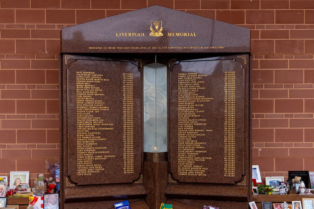 LIVERPOOL, ENGLAND - Monday, February 28, 2022: The Hillsborough Memorial at Anfield. The memorial displays the names of the 97 victims of the Hillsborough Stadium Disaster. (Pic by David Rawcliffe/Propaganda)