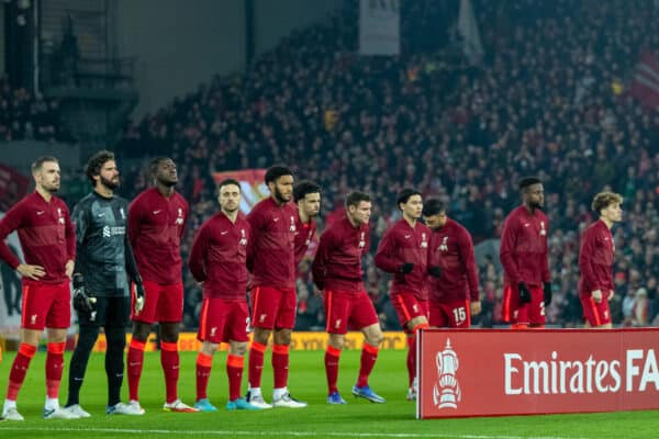 LIVERPOOL, ENGLAND - Wednesday, March 2, 2022: Liverpool players line-up before the FA Cup 5th Round match between Liverpool FC and Norwich City FC at Anfield. Captain Jordan Henderson, goalkeeper Alisson Becker, Ibrahima Konaté, Diogo Jota, Joe Gomez, Curtis Jones, James Milner, Takumi Minamino, Alex Oxlade-Chamberlain, Divock Origi, Kostas Tsimikas. (Pic by David Rawcliffe/Propaganda)