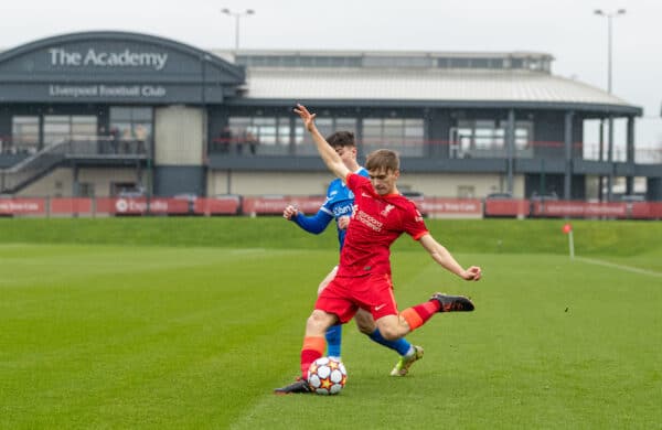 LIVERPOOL, ENGLAND - Wednesday, March 2, 2022: Liverpool’s James Norris during the UEFA Youth League Round of 16 match between Liverpool FC Under 19's and KRC Genk Under 19's at the Liverpool Academy. Liverpool won 4-3 on penalties after a 1-1 draw. (Pic by David Rawcliffe/Propaganda)