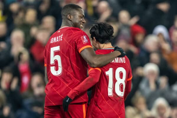 LIVERPOOL, ENGLAND - Wednesday, March 2, 2022: Liverpool's Takumi Minamino (R) celebrates with team-mate Ibrahima Konaté after scoring the second goal during the FA Cup 5th Round match between Liverpool FC and Norwich City FC at Anfield. Liverpool won 2-1. (Pic by David Rawcliffe/Propaganda)