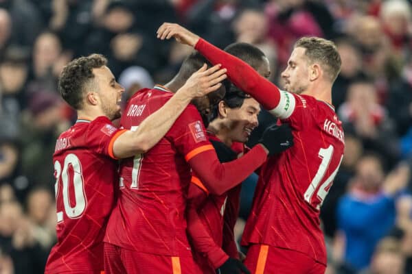 LIVERPOOL, ENGLAND - Wednesday, March 2, 2022: Liverpool's Takumi Minamino celebrates after scoring the second goal during the FA Cup 5th Round match between Liverpool FC and Norwich City FC at Anfield. Liverpool won 2-1. (Pic by David Rawcliffe/Propaganda)