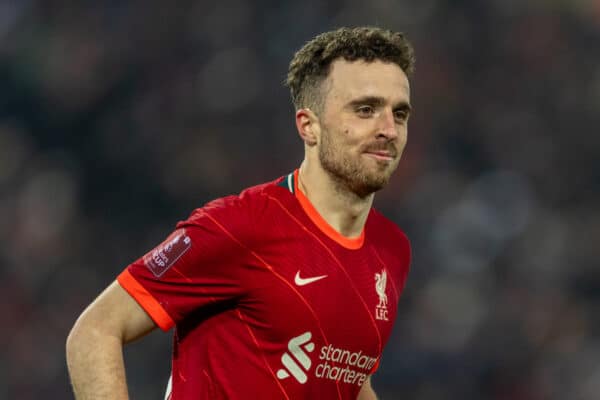 LIVERPOOL, ENGLAND - Wednesday, March 2, 2022: Liverpool's Diogo Jota during the FA Cup 5th Round match between Liverpool FC and Norwich City FC at Anfield. Liverpool won 2-1. (Pic by David Rawcliffe/Propaganda)