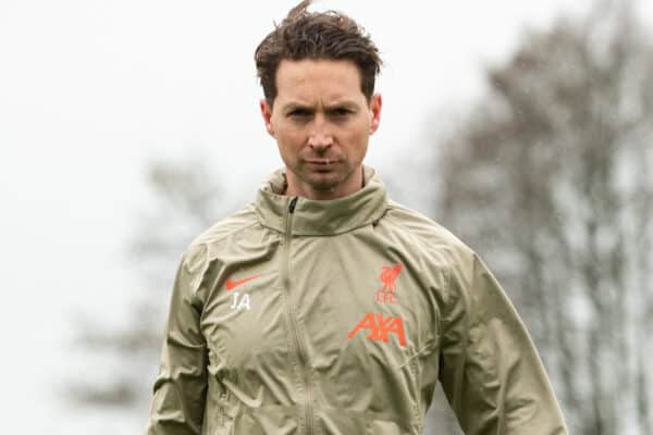 LIVERPOOL, ENGLAND - Wednesday, March 2, 2022: Liverpool's Dr Jack Ade Head Of Elite Fitness Development pre-match before the UEFA Youth League Round of 16 match between Liverpool FC Under 19's and KRC Genk Under 19's at the Liverpool Academy. (Pic by David Rawcliffe/Propaganda)