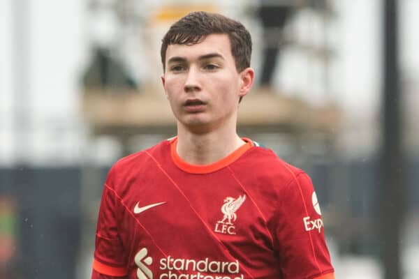 LIVERPOOL, ENGLAND - Wednesday, March 2, 2022: Liverpool's Mateusz Musialowski during the UEFA Youth League Round of 16 match between Liverpool FC Under 19's and KRC Genk Under 19's at the Liverpool Academy. (Pic by David Rawcliffe/Propaganda)