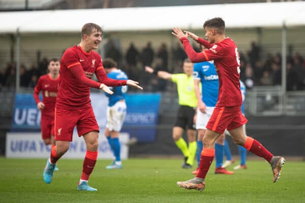 LIVERPOOL, ENGLAND - Wednesday, March 2, 2022: Liverpool's Oakley Cannonier (R) celebrates with team-mate Max Woltman scoring the first goal during the UEFA Youth League Round of 16 match between Liverpool FC Under 19's and KRC Genk Under 19's at the Liverpool Academy. (Pic by David Rawcliffe/Propaganda)