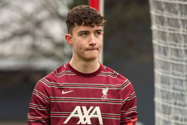 LIVERPOOL, ENGLAND - Wednesday, March 2, 2022: Liverpool's substitute goalkeeper Fabian Mrozek during the pre-match warm-up before the UEFA Youth League Round of 16 match between Liverpool FC Under 19's and KRC Genk Under 19's at the Liverpool Academy. (Pic by David Rawcliffe/Propaganda)