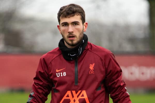 LIVERPOOL, ENGLAND - Wednesday, March 2, 2022: Liverpool's goalkeeper Harvey Davies during the pre-match warm-up before the UEFA Youth League Round of 16 match between Liverpool FC Under 19's and KRC Genk Under 19's at the Liverpool Academy. (Pic by David Rawcliffe/Propaganda)