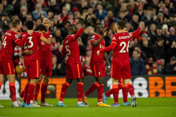 LIVERPOOL, ENGLAND - Friday, March 4, 2022: Liverpool's Sadio Mané celebrates after scoring the only goal of the game during the FA Premier League match between Liverpool FC and West Ham United FC at Anfield. Liverpool won 1-0. (Pic by David Rawcliffe/Propaganda)