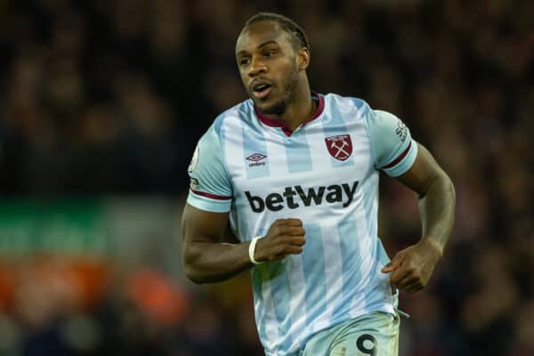 LIVERPOOL, ENGLAND - Friday, March 4, 2022: West Ham United's Michail Antonio during the FA Premier League match between Liverpool FC and West Ham United FC at Anfield. Liverpool won 1-0. (Pic by David Rawcliffe/Propaganda)