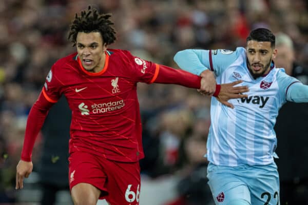 LIVERPOOL, ENGLAND - Friday, March 4, 2022: Liverpool's Trent Alexander-Arnold (L) holds off West Ham United's Saïd Benrahma during the FA Premier League match between Liverpool FC and West Ham United FC at Anfield. Liverpool won 1-0. (Pic by David Rawcliffe/Propaganda)