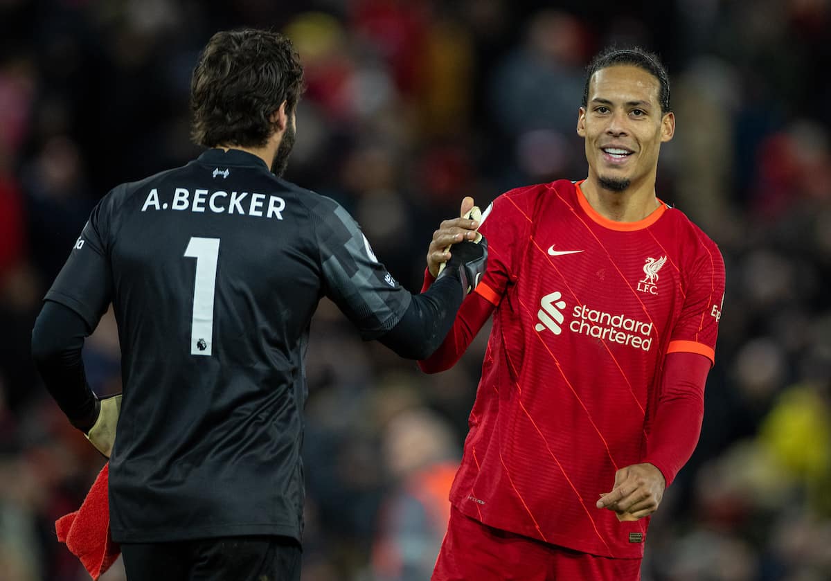 LIVERPOOL, ENGLAND - Friday, March 4, 2022: Liverpool's Virgil van Dijk (R) and goalkeeper Alisson Becker after the FA Premier League match between Liverpool FC and West Ham United FC at Anfield. Liverpool won 1-0. (Pic by David Rawcliffe/Propaganda)